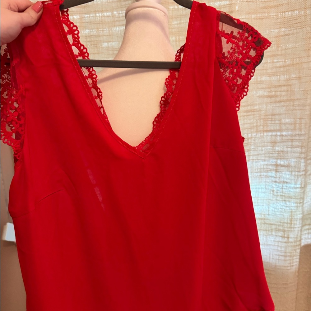 Red Lace Trim V-Neck Top